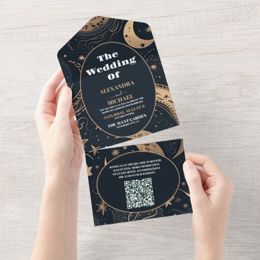 QR CodeMidnight Blue Goud Hemelse Bruiloft All In One Uitnodiging (Afscheurbaar)