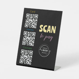 QR Codes Upload & Logo 3 Betalen Apps goud & zwart Reclamebord Met Voetstuk