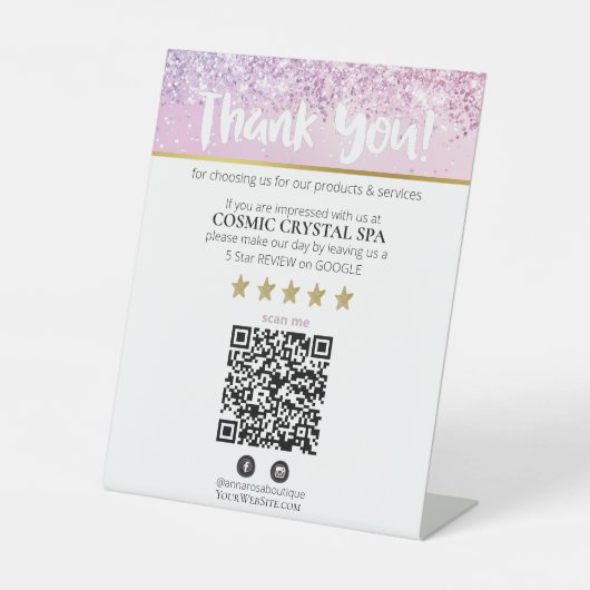 *~* QR DANK U REVIEW Pastel Glitter AP8 Reclamebord Met Voetstuk (Voorkant)