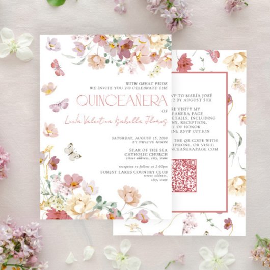 QR Elegante Roze Roze Bloem Butterfly Quinceañera Kaart