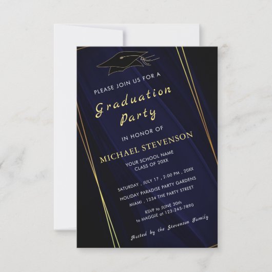 QR Gold Navy Blue Afstuderen Invitation Kaart (Voorkant)