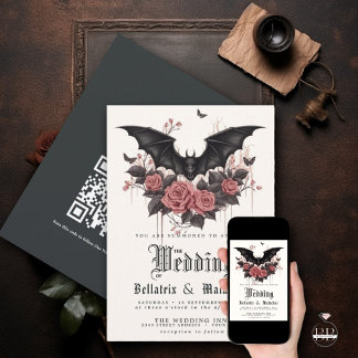 QR Gothic Rosewood Rozen Zwart Bat Boeket Kaart
