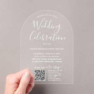 QR RSVP Eenvoudig Script Bruiloftsfeest Gebogen Acryl Uitnodigingen