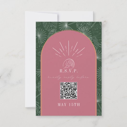QR tropische palmroze groene bruiloft met codebolk RSVP Kaartje (Voorkant)