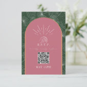 QR tropische palmroze groene bruiloft met codebolk RSVP Kaartje (Staand voorkant)