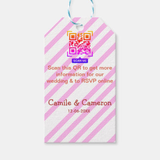 QR TROUWWEBSITE roze gestreepte naam datum modern Cadeaulabel