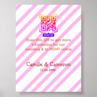 QR TROUWWEBSITE roze gestreepte naam datum modern Poster