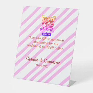 QR TROUWWEBSITE roze gestreepte naam datum modern Reclamebord Met Voetstuk
