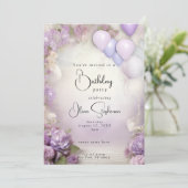 QR Verjaardag Lila Bloemen en Ballonnen Kaart (Staand voorkant)