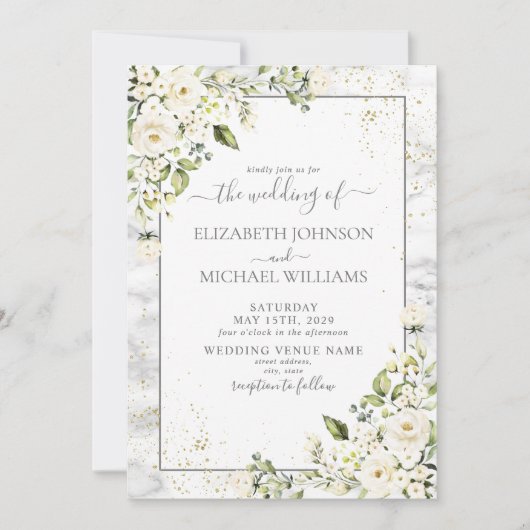 QRCode Lichtgrijs Witte Bloem Goud Marmer Bruiloft Kaart (Voorkant)