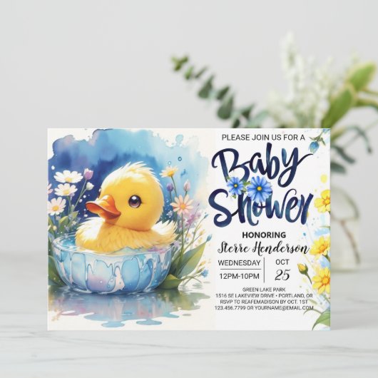 Quacking Duck Schattige Baby shower uitnodiging (Staand voorkant)