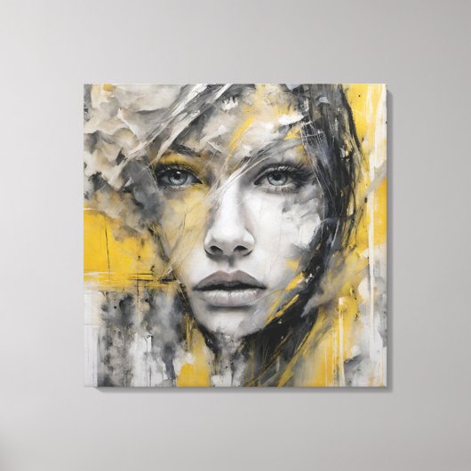 Quadro abstrato rosto de mulher amarelo e cinza canvas afdruk (Voorkant)