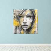 Quadro abstrato rosto de mulher amarelo e cinza canvas afdruk (Insitu (Houten vloer))