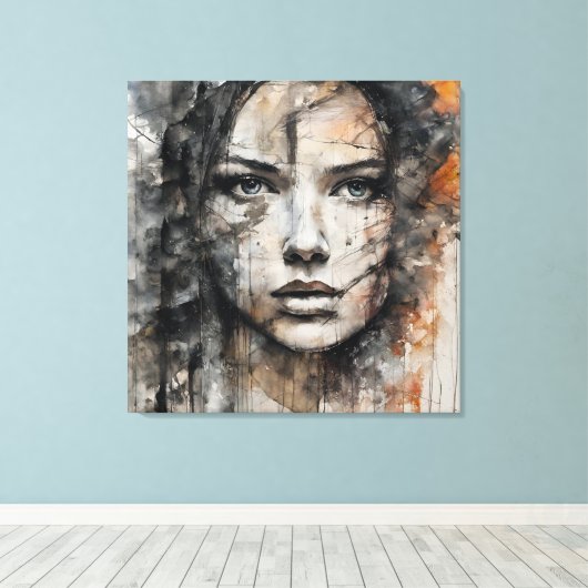 Quadro abstrato rosto de mulher marrom e branco canvas afdruk (Insitu (Houten vloer))