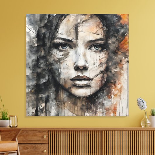 Quadro abstrato rosto de mulher marrom e branco canvas afdruk (Insitu (Woonkamer))