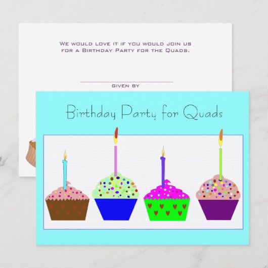 Quadruplets Cupcake Invitation d'anniversaire (Devant / Derrière)