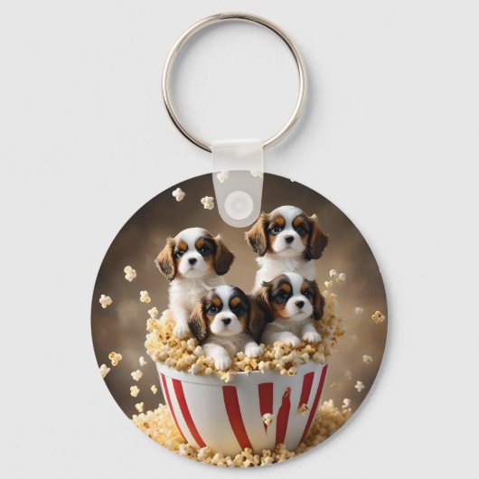 Quads Cavalier Spaniel Puppies in de popcorn, Sleutelhanger (Voorkant)