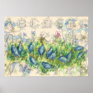 Quail Foraging Alphabet Collage Poster