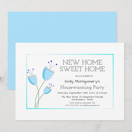 Quaint Blue Floral Housewarming Party Kaart (Voorkant / Achterkant)