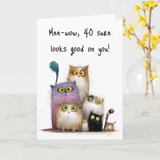Quaint Cats with Big Eyes 40th Birthday Greeting Kaart (Gele Bloem)