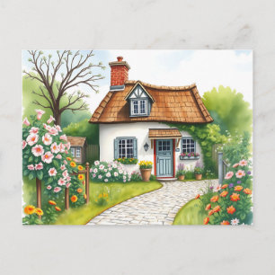 Quaint Cottage Waterverf Bloeiende Bloemen Briefkaart