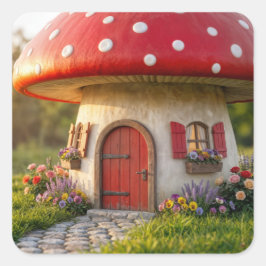 Quaint Mushroom Cottage with Polka Dot Roof Vierkante Sticker