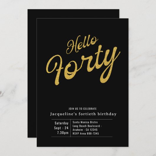Quarante Black Gold Moderne 40e Invitation anniver (Devant / Derrière)