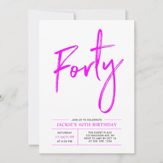 Quarante | Hot Pink 40th Birthday Party Invitation (Devant)