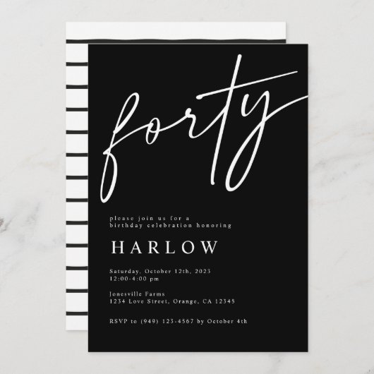 Quarante Invitation d'anniversaire noir et blanc (Devant / Derrière)
