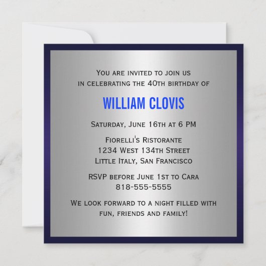 quarantième Invitation d'anniversaire - bleu (Dos)