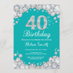 quarantième Invitation Teal d'anniversaire et<br><div class="desc">quarantième Invitation d'anniversaire. Teal et arrière - plan turquoise d'Aqua de turquoise de diamant argenté de fausse pierre. Invitation élégant de coup d'anniversaire. Anniversaire adulte. Anniversaire de femmes. Anniversaire d'hommes. Pour davantage de personnalisation, cliquez sur svp la "personnaliser il" bouton et utilisez notre outil de conception pour modifier ce modèle....</div>