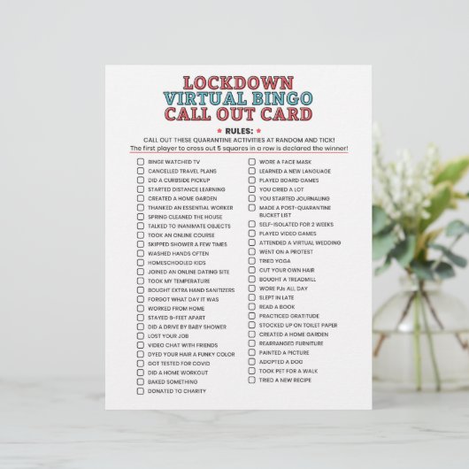 Quarantine Bingo Lockdown Activities Call Out List (Staand voorkant)