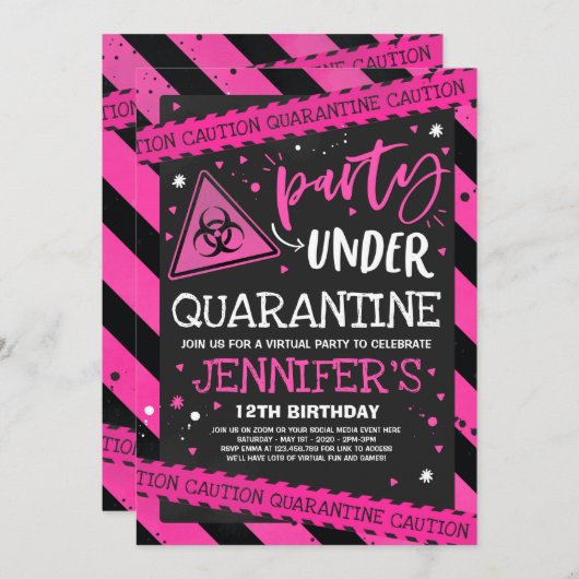 Quarantine Birthday Party Invitation Virtual Zoom Kaart (Voorkant / Achterkant)
