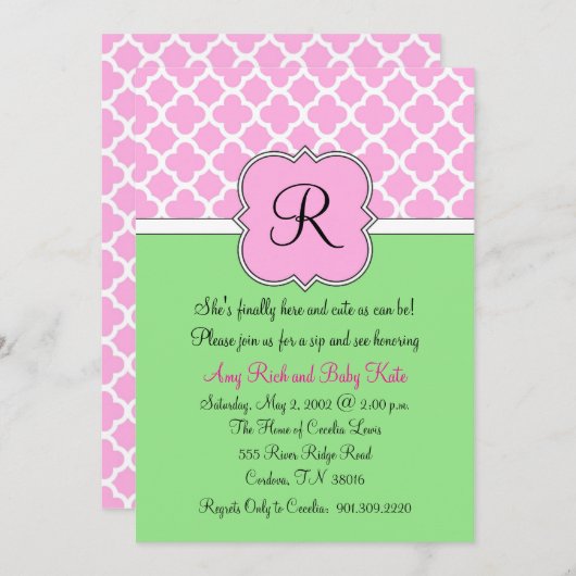 Quatrafoil monogram Sip en Zie Baby uitnodiging (Voorkant / Achterkant)