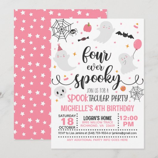 Quatre Invitation Éffrayante Anniversaire - Fille (Devant / Derrière)