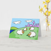 Quatre moutons sur une carte de voeux de colline (Fleur jaune)