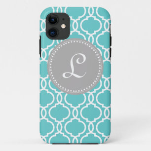 Quatrefoil Aangepast monogram in blauw en grijs iPhone 11 Hoesje