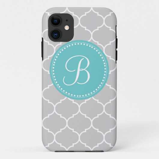 Quatrefoil Aangepast monogram in grijs en Turquois Case-Mate iPhone Case (Achterkant)