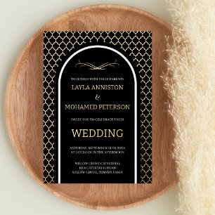 Quatrefoil Black Gold Wedding Morrocan Modern Folie Uitnodiging