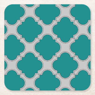 Quatrefoil blauwgroen en grijs vierkante kartonnen onderzetter