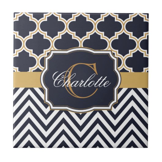Quatrefoil Chevron Monogram Tegeltje (Voorkant)