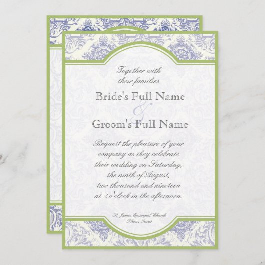 Quatrefoil Delft Blue Iris - Faire-part de mariage (Devant / Derrière)