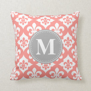 Quatrefoil Fleur-De-Lis Coral Pink Grey Monogram Kussen