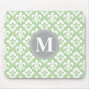 Quatrefoil Fleur-De-Lis Mint Green Grey Monogram Muismat