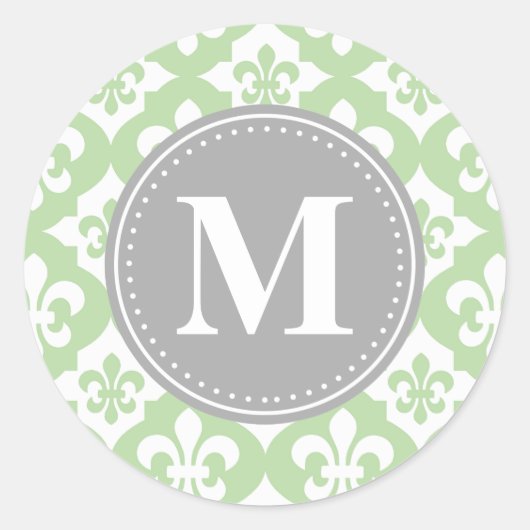 Quatrefoil Fleur-De-Lis Mint Green Grey Monogram Ronde Sticker (Voorkant)