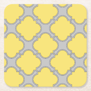 Quatrefoil geel en grijs vierkante kartonnen onderzetter