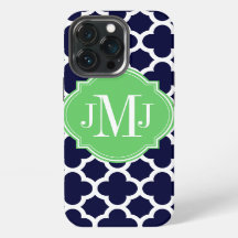 Quatrefoil marineblauw en wit patroon monogram