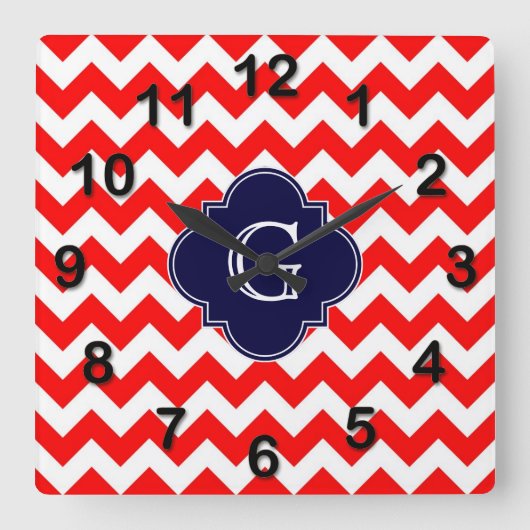 Quatrefoil Monogram Bright Red White Chevron Navy Vierkante Klok (Voorkant)