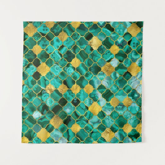 Quatrefoil Moroccan Pattern Malachite and gold Wandkleed (Voorkant (horizontaal))