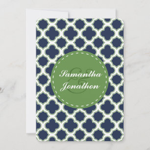 Quatrefoil Pattern Navy Blue & Green Wedding Kaart